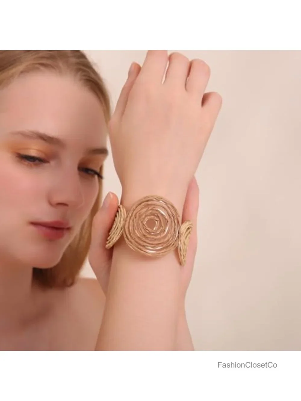 Raffia Spiral Cuff Bracelet Chunky Bangle Handmade Rattan Statement Bracelet